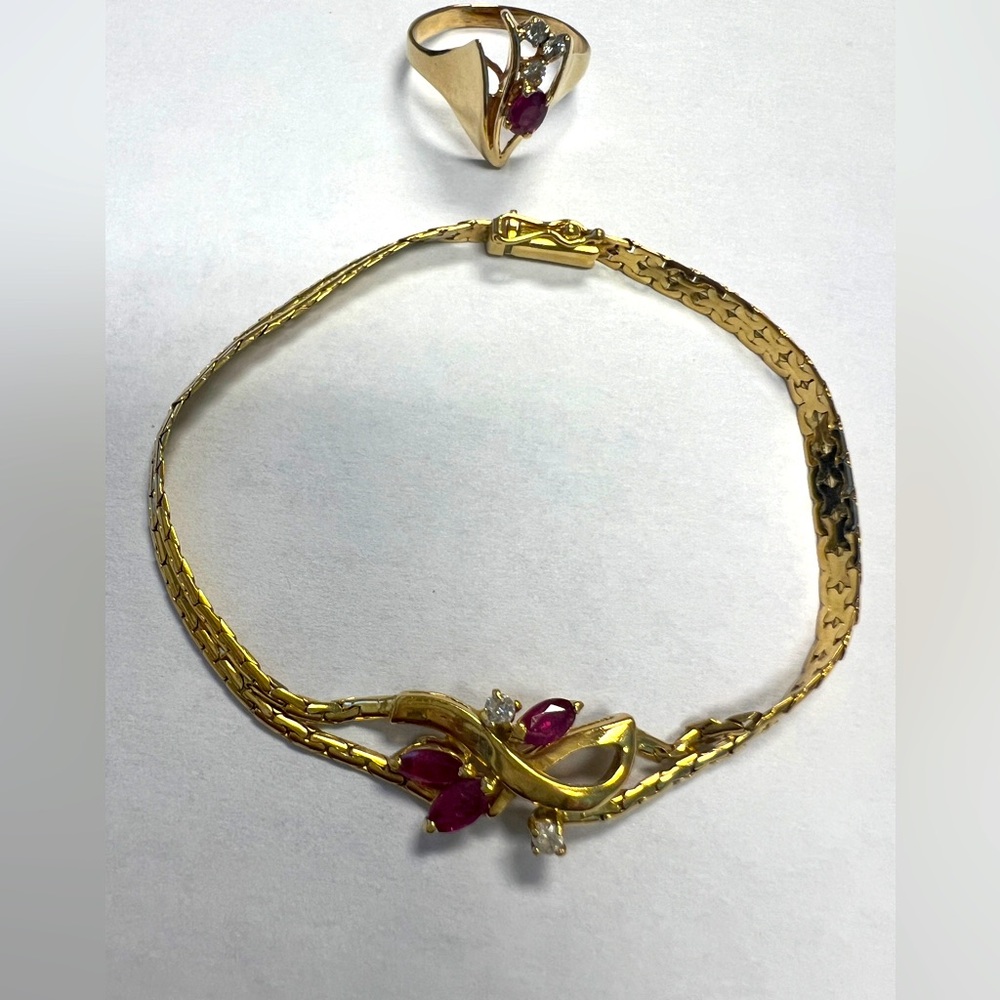 14k Yellow Gold Ruby & Diamonds Bracelet and Ring